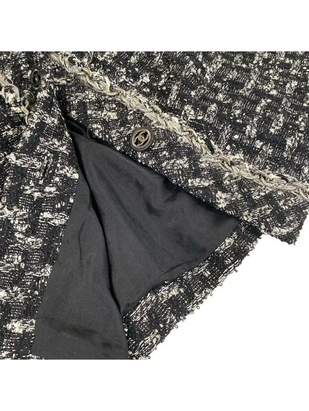 Chanel Coat M p Black White Tweed 3/4 Sleeve Chain Fall Winter Wool 38